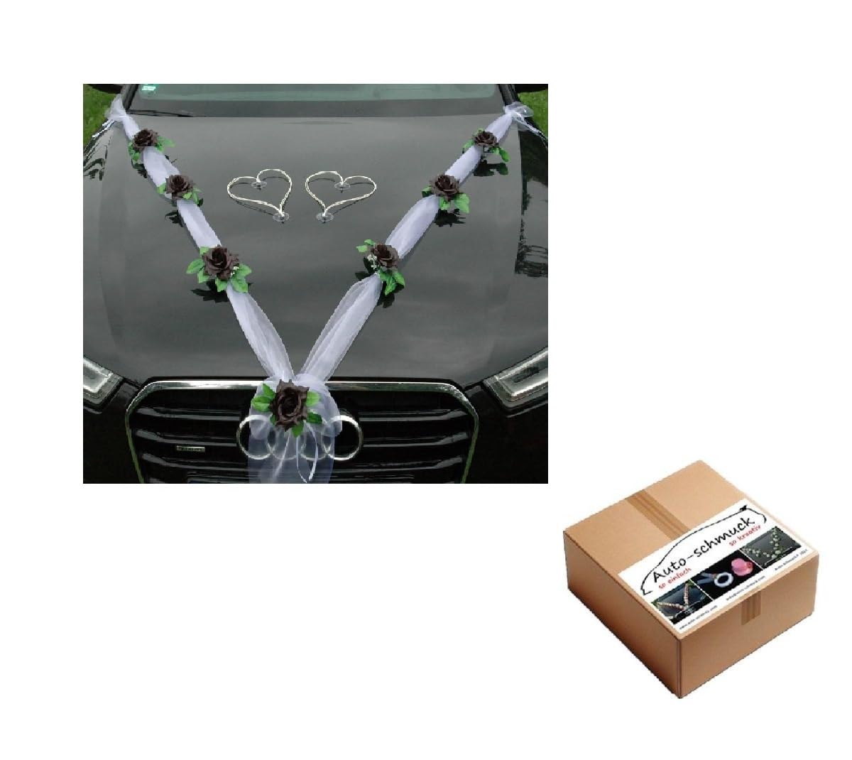 ORGANZA M + HERZEN Braut Paar Rose Deko Dekoration Autoschmuck Hochzeit Car Auto Wedding Deko Ratan Girlande ®Auto-schmuck PKW (Schwarz/Weiß/Weiß)