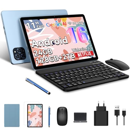 TABWEE Android 16 Tablet con Tastiera, 11 pollici 90Hz FHD, 24GB RAM+128GB ROM (2 TB TF), 8000 mAh, Widevine L1, Gemini AI 3.0, 13MP, GPS, Face ID, 3.5 mm Jack Port -Blu (4 Anni Garanzia)
