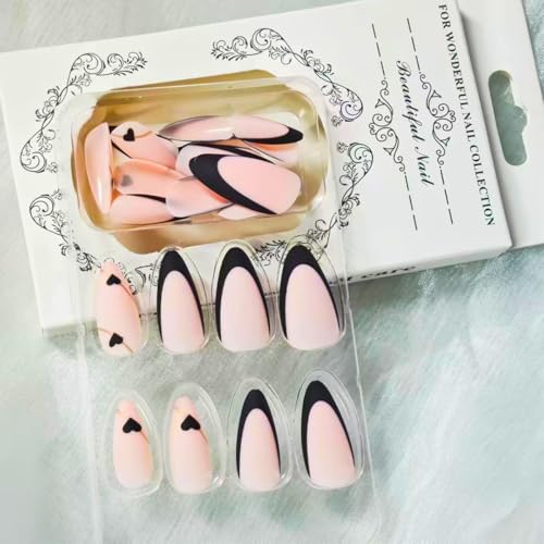 Black French Tip Press on Nails Medium Almond Fake Nails with Black Heart Design Gold Line Stick on Nails Glossy Acrylic Full Cover Glue on Nails Stiletto False Nail For Women Mother's Day Manicure - Image 5