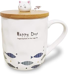 3D Cat Mug Cute Japanese Ceramic Coffee Tea Cup with Wooden Decor Lid and Spoon, Funny Novelty Gift for Teacher Mom Women Friend Lovers (Shoal of Fish)