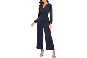 YUNDAI Womens Jumpsuit Fall Long Sleeve V Neck Casual Loose One Piece Outfits Wrap Waist Long Pants Romper with Pockets
