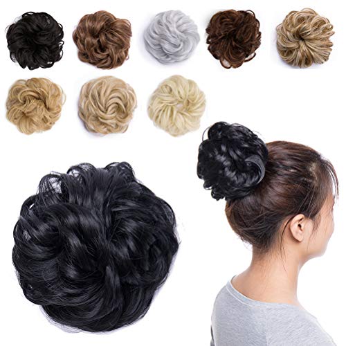 Messy Hair Bun Extensions Synthetic Updo Chignons Donut Elastic Bride Bun Ponytail Scrunchy Hairpiece Wig Accessory for Women 45g Jet Black-Thicker
