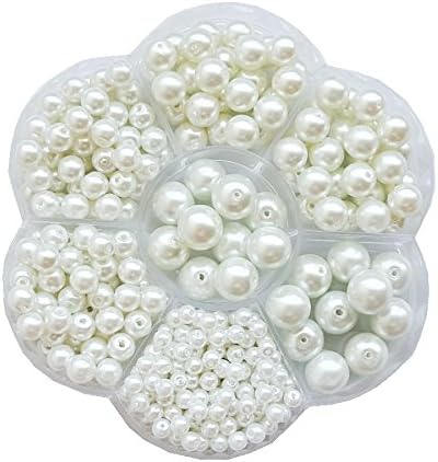 400+pcs Luster Glass Pearl Round Beads Assorted Sizes Lot / Jewelry Making Beads (White)