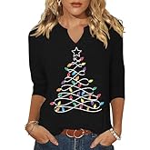 3/4 Sleeve V-Neck Merry Christmas Shirt for Women Xmas Cute Tree Graphic Blouse Indoor Casual Festival Tops New Year Tee