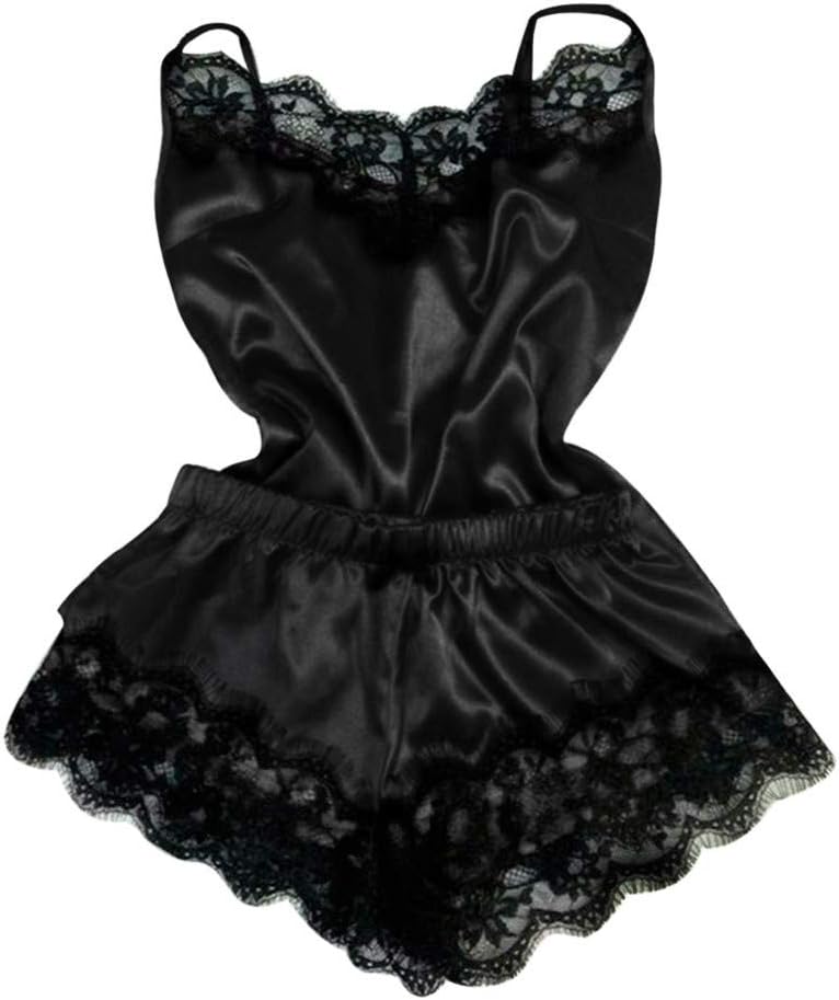 Women Sleepwear Sleeveless Strap Sleepwear Lace Trim Satin Top Pajama Sets Suit Erotic Underwear Nightwear