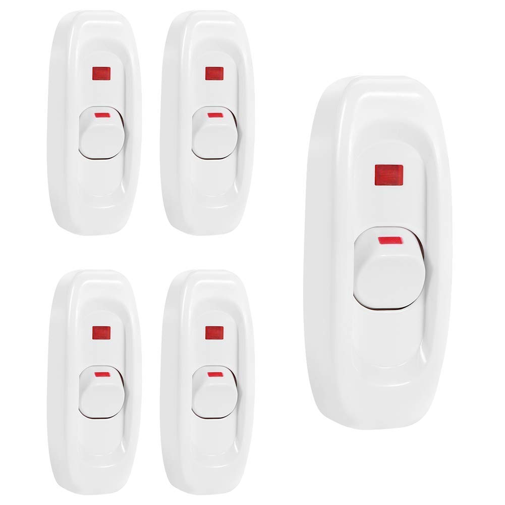 Light Switch, 5Pcs Appliance Switch ON/OFF Button Inline Cord Cable Switch with LED Indicator Black for Table Lamp Desk Light Bed Lamp AC 250V 10A (White)