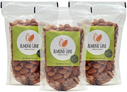 Almond Lane Raw Almonds 3 1lb Whole, California Nonpareil, Resealable Bags. 3lbs total.