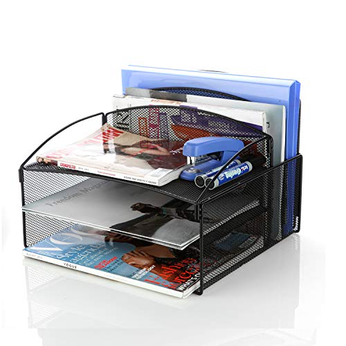 Veesun Desk Organizer,Mesh Desktop File Organizer Letter Paper Tray Holder with 2 Vertical Upright Section and 3 Deep Trays, Black.