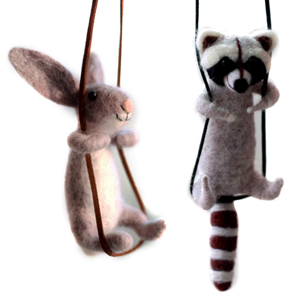 Feltsky Raccoon and Rabbit Needle Felting Kit 10cm Playing on Rope 2 Pack - Needles, Finger Guards, Black High-Density Foam Mat, Instructions