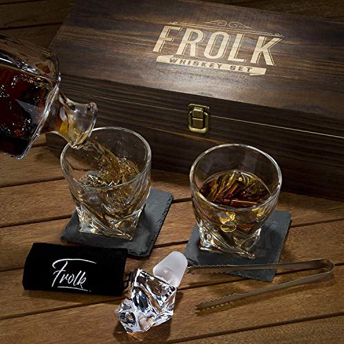Whiskey Decanter and Stones Gift Set for Men - Whiskey Decanter, 2 Twisted Whiskey Glasses, 10 Stainless Steel Bullet Shaped Stones, 2 Slate Coasters, Tongs & Freezer Pouch in Wooden Gift Box - Image 6
