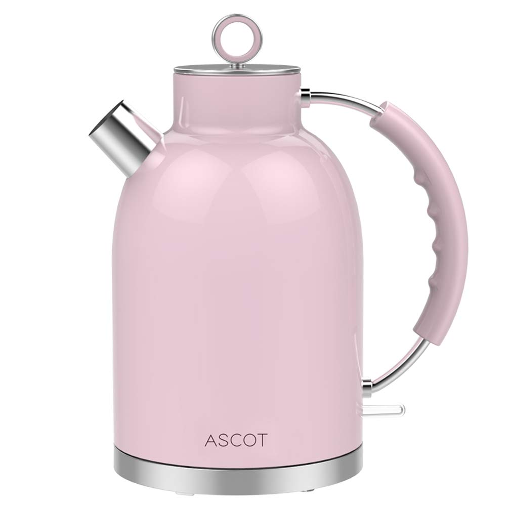 ASCOT 1.7L Kettle Electric, BPA-Free Hot Water Boiler Stainless Steel Tea Kettle, 1500W Fast Boiling Heater Retro Kettle, Cordless with Auto Shut-Off & Boil Dry Protection, Pink