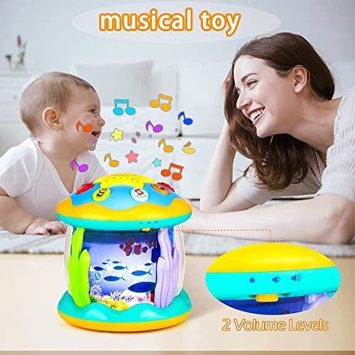 AM ANNA 4 in 1 Musical Baby Toys for Toddlers, Projector Ocean Rotating Tummy Time, Developmental Montessori Light Up Toys for 0-3 3-6 12-18 Months Babies Gifts