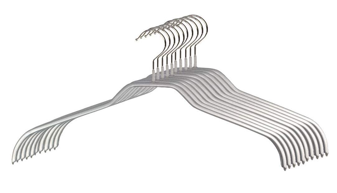 MAWA Hanger for Clothes, Silhouette F, Set of 10, Space Saving and Non-Slip, Top Hanger for Shirts and Blouses, 360° Rotatable, with Anti-Slip Coating, 41 cm, Silver