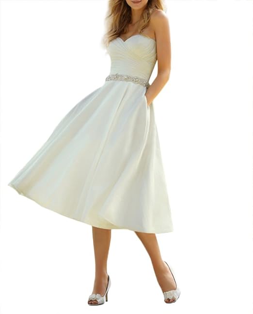 YASIOU Hochzeitskleid Damen Kurz A Linie Weiß Satin Glitzer herzausschnitt Trägerlos Brautkleider