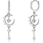 Star and Moon Earrings Dangle Hoop Earrings for Women Huggie with Cubic Zirconia Celestial Space Style