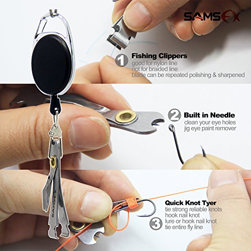 SAMS FISHING Pin on Reel & Combo Line Nipper Cutter Braid Snips - Fly Fishing Zinger & Line Nippers With Knot Tying Eye Cleaner Fast Tie Combo Tool (A072)