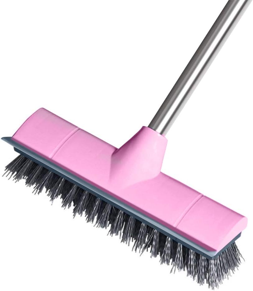 Floor Brush with Squeegee Stiff Bristles Scrubbing Indoor Outdoor Push