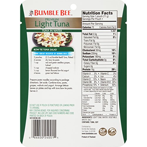 BUMBLE BEE Premium Light Tuna in Water, Ready to Eat Tuna Fish, High Protein Food, 2.5oz Pouch