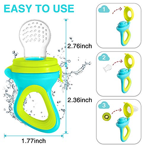 Baby Fruit Feeder Pacifier (2 Pack) Fresh Food Feeder with 3 Sizes Silicone Pouches Infant Fruit Teething Toy Includes 2 Pack Pacifier Clips and 4 Pack Baby Feeding Spoons