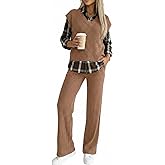 CHICME Women's 2 Piece Outfits Plaid Spliced Turn-down Ribbed Long Sleeve Faux Two-Piece Top and Elastic Waist Pants Set