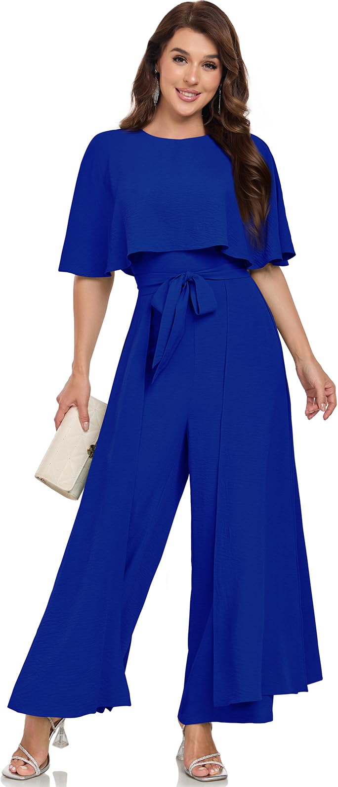 Photo 1 of Formal Jumpsuits for Tall Women Dressy Cocktail Belted Wide Leg Long Pantsuits Rompers One Piece Outfits Evening Gowns for Wedding Party Royal Blue M