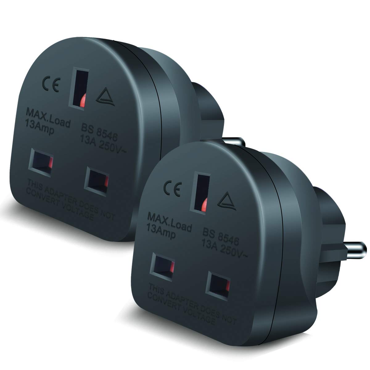 EXTRASTAR UK to EU Europe European Travel Adapter, 2 Pack 3 Pin to 2 Pin Plug Adapter Convertor for Germany, France, Spain, Portugal, Greece, Netherlands and More - Black — image 1