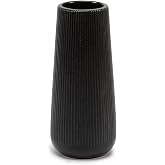 7.8''H Ceramic Vase, Pampas Grass Vase, Ribbed Modern Decor, Matte Black | Nordic Minimalist Flower Vase, Black Home Office Decor Vases, For Living Room, Dining Table, Bedroom, Kitchen Shelf