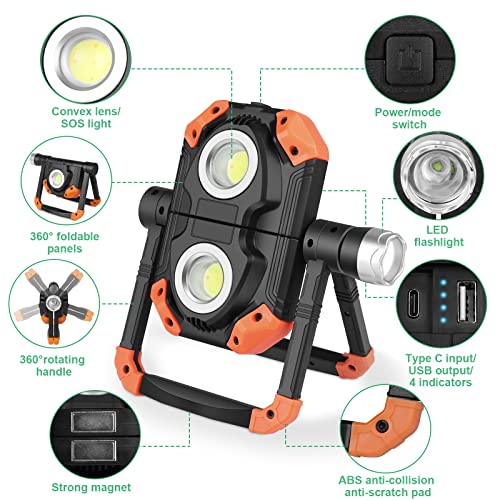 3000 Lumen LED Work Light, FRAPOW Rechargeable Work Light Cob & XPG LED Flashing Lights, 360° Rotating Mechanic Light Magnetic Base Waterproof for Job Site Car Repairing Construction Site(Orange)