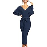 Chang Yun Women's Long Maxi Sweater Dresses Sexy Wrap Batwing V Neck Slit Open Back Holiday Bodycon Dress with Belt