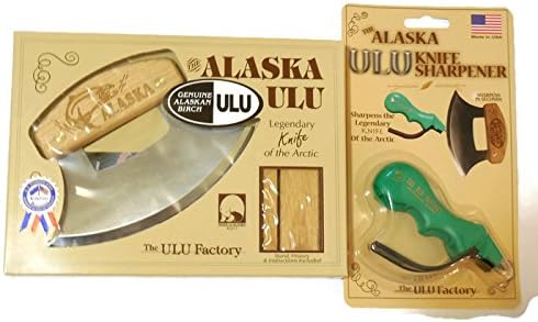 Alaska Ulu Knife 7" Birch Salmon Bundle With Ulu Sharpener, This Ulu Knife Can Be Used As Mezzaluna Chopper, Bolo Rolling Knife And Chopped Salad Tool