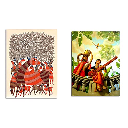Tamatina Gond + Lady playing Veena Paintings (Set of 2)
