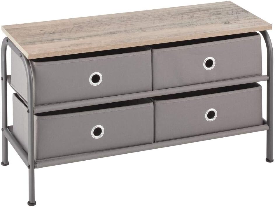 mDesign Storage Bench with 4 Drawers - Sturdy Steel Frame, Wood Top, Easy Pull Fabric Bins - Organizer Unit for Bedroom, Hallway, Entryway, Closets - Dark Gray/Gray: Home & Kitchen