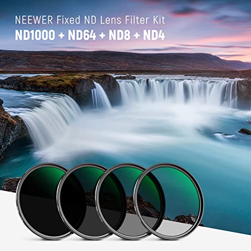 NEEWER 77mm Fixed ND Filter Kit ND1000 ND64 ND8 ND4 Neutral Density Filter Set Double Sided 30 Layer Nano Coatings/HD Optical Glass/ultra Slim/Water Repellent/Scratch Resistant/Waterproof Filter Pouch