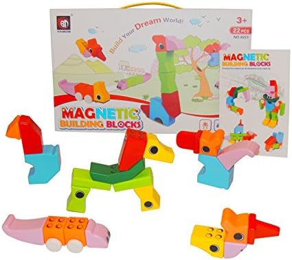 Magnetic Educational Building Blocks for Toddler Boys & Girls ~ Cute & Colorful Design Stacking Blocks with Rattle Sound ~ 22 Piece Toy Set for Kids ~ Great Gift for Child's Development & Fun Too!