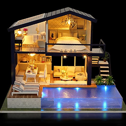 Kisoy DIY Dollhouse Miniature Kit, Wooden Dollhouse Kit with Dust Proof Cover, Music Box and Led Light, Dollhouse Toys for Teen and Adult Gift (Time Apartment)