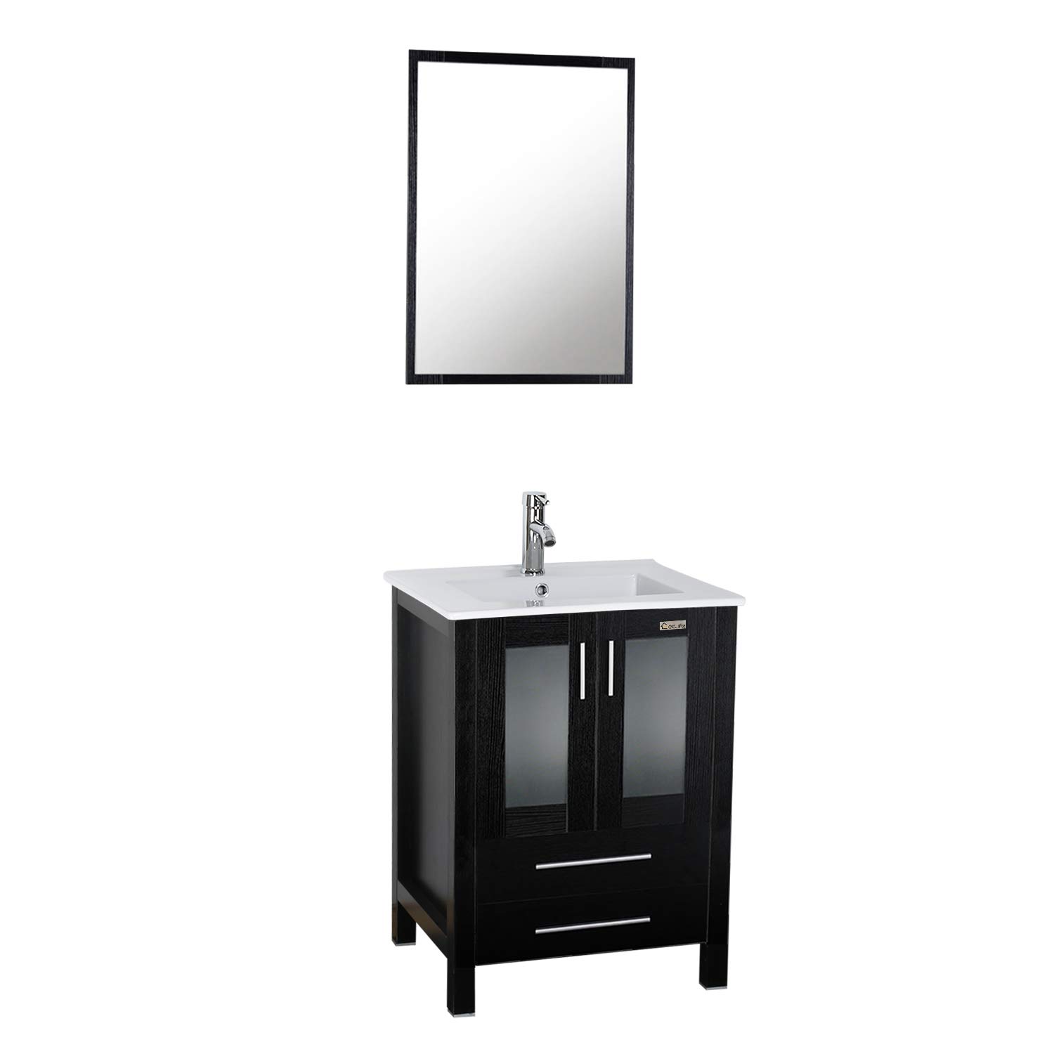Eclife 24 Bathroom Vanity Sink Combo W Overflow White Drop In Ceramic Vessel Sink Top Black Mdf Modern Bathroom Cabinet Chrome Solid Brass Faucet Pop Up Drain W Mirror A08b07