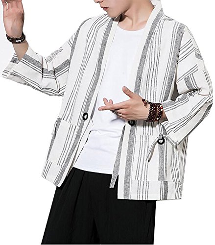 Men's Cotton Linen Retro Striped Kimono Cardigan Cloak Jacket 2XL (White Striped, Large) - Thumbnail 4