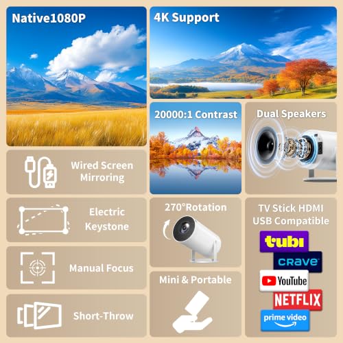Telonixium Mini Projector, Full HD 1080P with 4K Support, Portable Projector with Carrying Case, 270° Rotation, Electric Keystone, 200" Screen, Low Noise ≤25dB, HDMI USB AUX, Home Cinema, Projecteur