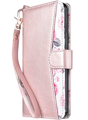iPhone 8 Plus Case, iPhone 7 Plus Wallet Case, ULAK Floral PU Leather Wallet Case with Kickstand Card Holder ID Slot and Hand Strap Shockproof Rubber Cover for Apple iPhone 7 Plus/8 Plus, Rose Gold