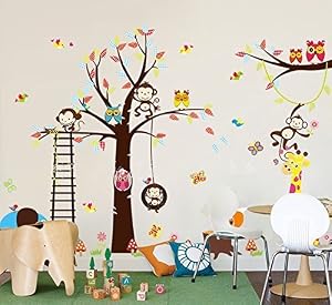 Image of MCtraddy haya TM Lovely Blooms Zoo Nursery Children's Room Decorative Wall Stickers Kids Vinyl Sticker Home Decoration The owl Monkey Lion Elephant