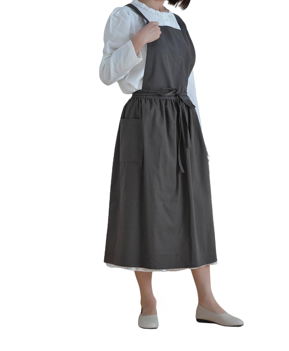 Achsoo Cotton Solid Color Pinafore with Pockets Cross Back Straps Casual Bib Aprons Cooking Gardening Coffee Shop (Grey-N)