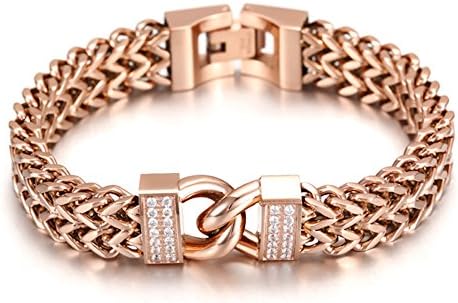 14K Rose Gold Plated Double Chain Link Maille Bangle Bracelet with Zircon Infinity Lock for Women