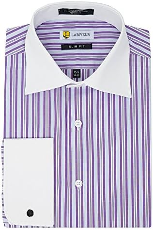 Labiyeur Men's Slim Fit French Cuff Striped Dress Shirt 17.5 | 36-37 Purple Stripes/White