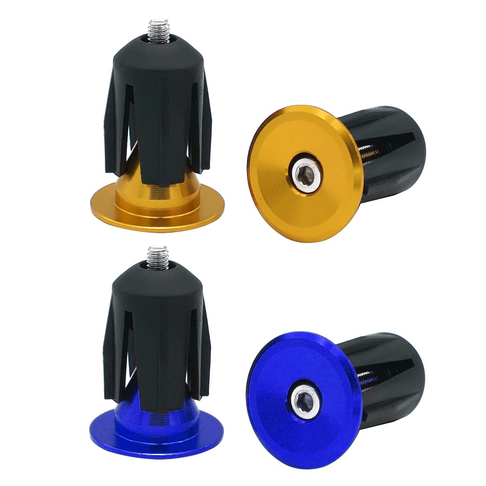 QitinDasen 2 Pairs Bike Handlebar End Plugs, Aluminum Bicycle Bar End Caps, for Road Bike, MTB, BMX (Golden + Blue)