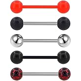 Jewseen 5PCS 14G 316L Stainless Steel Red Black Acrylic Balls Tongue Barbell Painting Tongue Rings Piercing