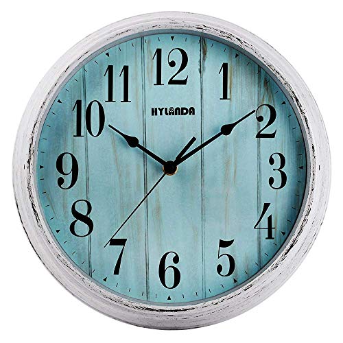 HYLANDA Wall Clock -12 Inch Silent Battery Operated Non Ticking, Vintage Retro Style Clock Decorative Living Room, Kitchen, Hoom, School, Office(Blue Wood Grain)