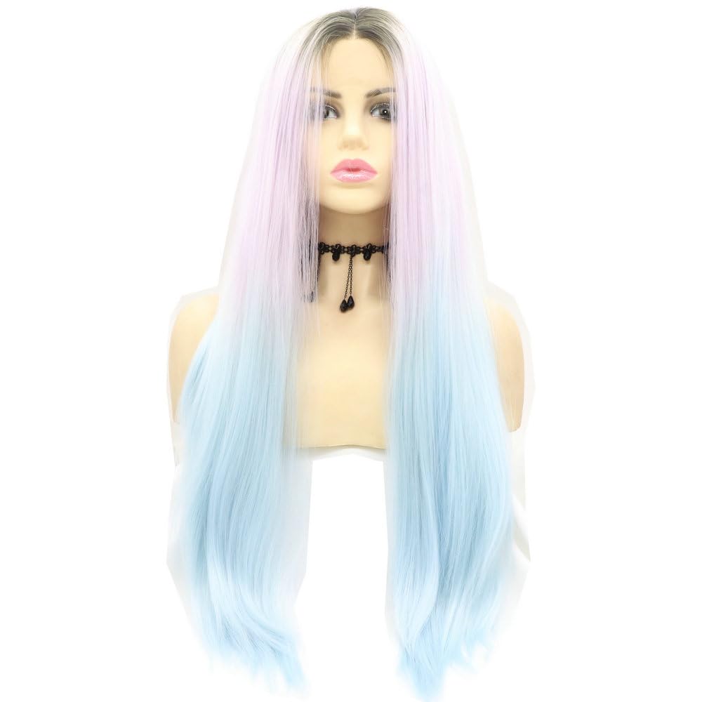 26" Long Straight Heat Resistant Fiber Wigs Dark Root Ombre Purple Blue Synthetic Lace Front Wigs for Women 3 Tones Colorful Drag Queen Cosplay Party Wigs Middle Part