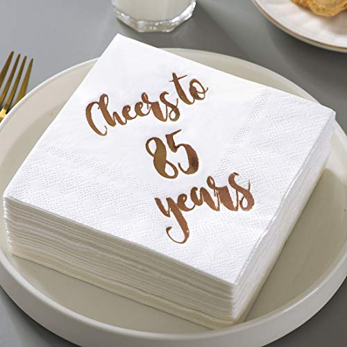 Cheers to 85 Years Cocktail Napkins, 50-Pack 3ply White Rose Gold 85th Birthday Dinner Celebration Party Decoration Napkin