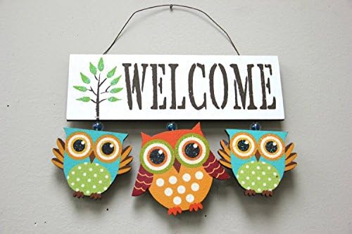 Home Accent Primitive Country Cute Hanging Wood Welcome Owl Sign Wall Art Door Hanging Sign (White)