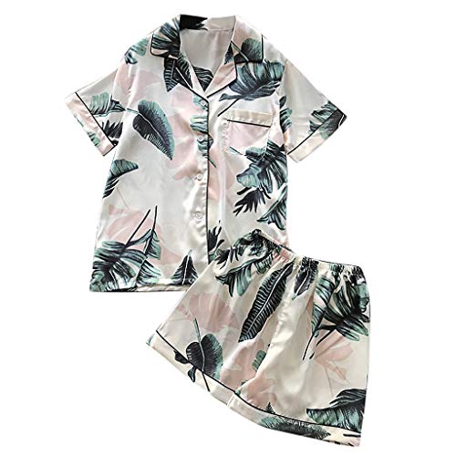 Women Simulation Silk Printing Pattern Pajamas Short Sleeve Sleepwear V Neck Nightwear Set Beige